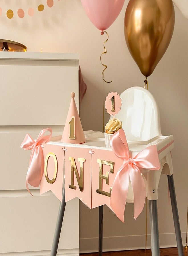 Haoser High Chair Banner for Girl 1st Birthday - Blush Pink & Gold "ONE" Banner for Baby Girl First Birthday Decorations, Toddler 1 Year Party Decor, Cake Smash Photo Prop, 3 Pennants 3.9 x 5.3 Inch - Image 2